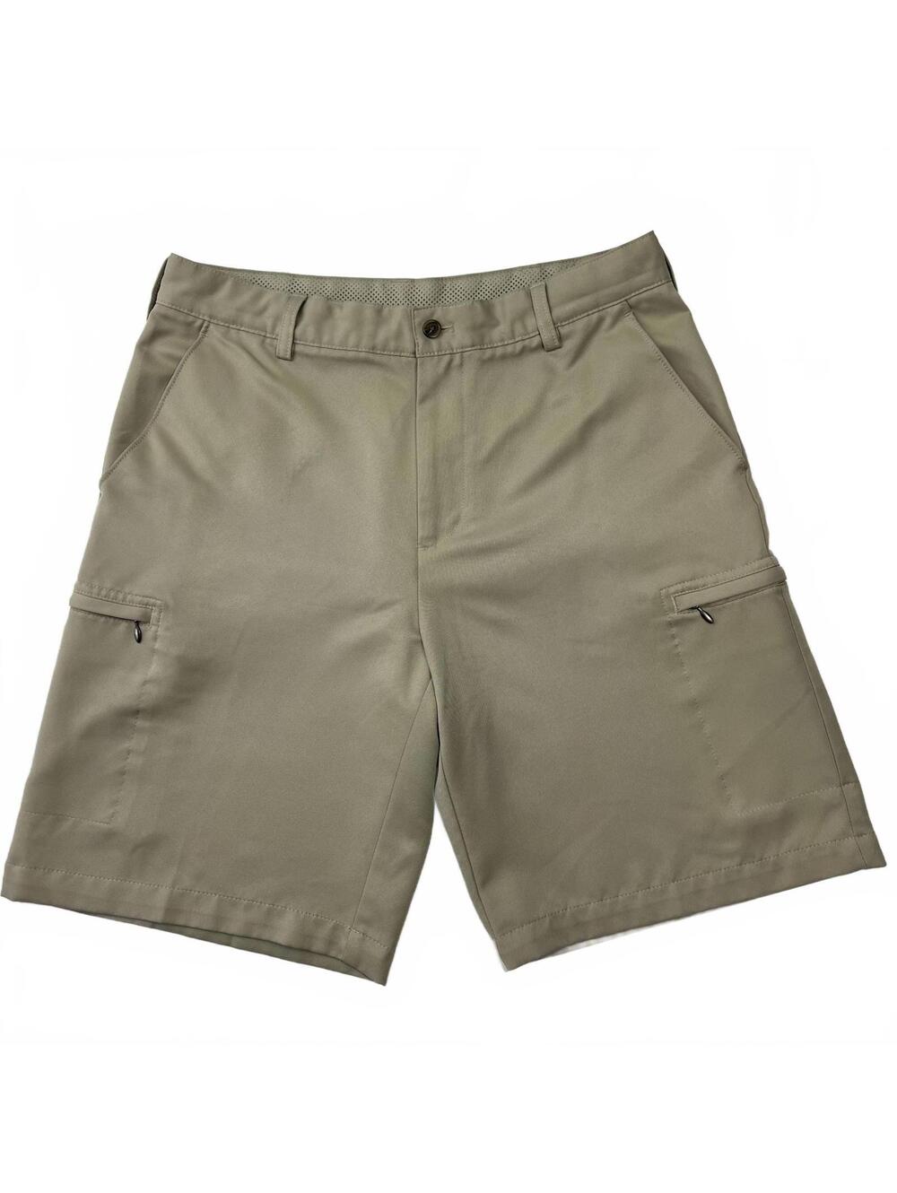 IZOD Men’s Golf Shorts Size 33 Khaki Performance Polyester Flat Front 10” Inseam